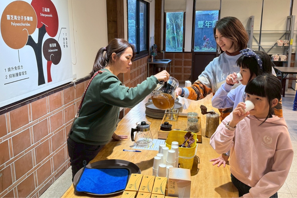 民眾在現場試飲靈芝茶，溫暖身心，也成為走春小憩的亮點。（圖：豐年農場提供）
