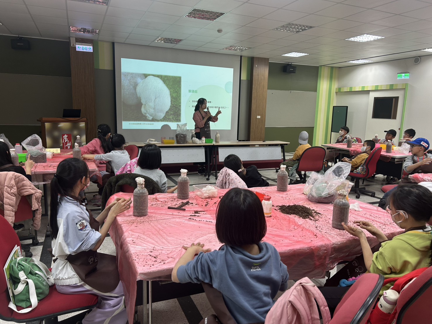 豐年農場將「一杯一菇」食農教育課程帶入校園,引導學生從咖啡渣再利用出發,認識菇類栽培與資源循環概念。 圖/豐年靈芝菇類生態農場